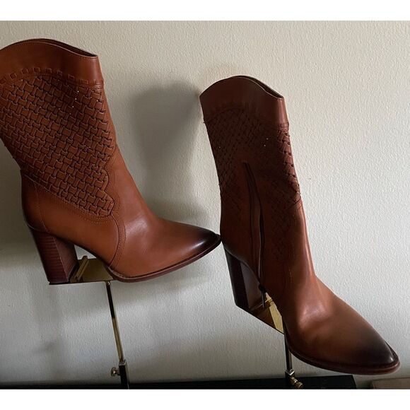 Vince Camuto Emmelia Warm Caramel Mid Calf Pointed Toe Western Heeled Boot - Picture 6 of 8